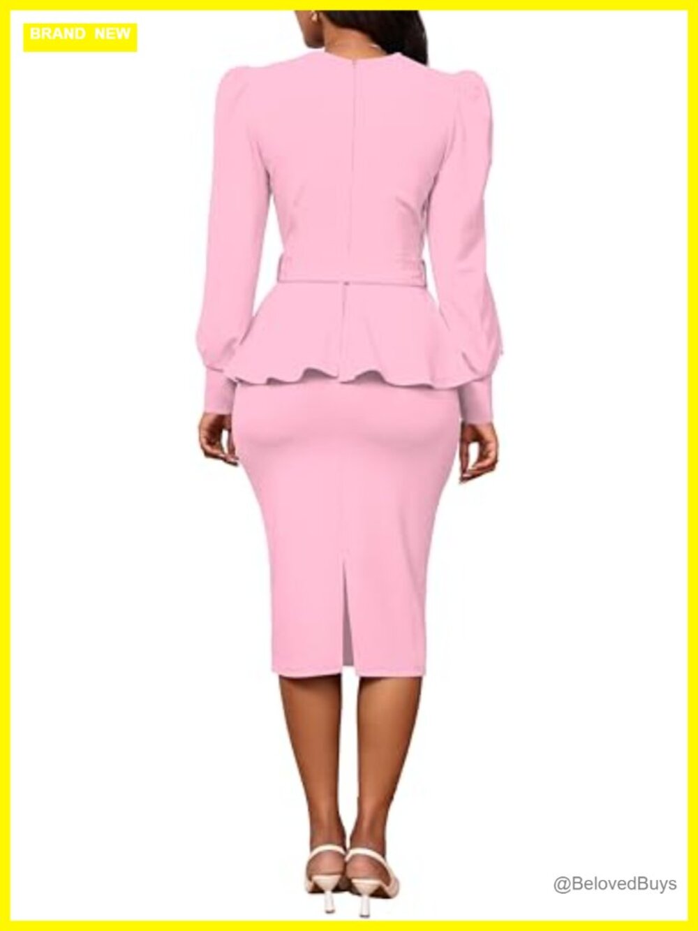 Long Sleeve Ruffled Pencil Dress with Belt Zipper Split - Picture 4 of 6